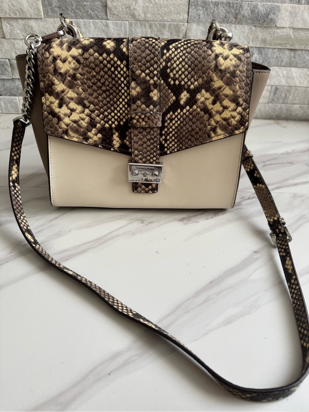 Michael Kors Cream and Brown Snake-Print Crossbody Bag